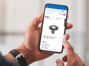 A maintenance technician ordering a replacement part on Yardi Marketplace using the Maintenance IQ mobile app